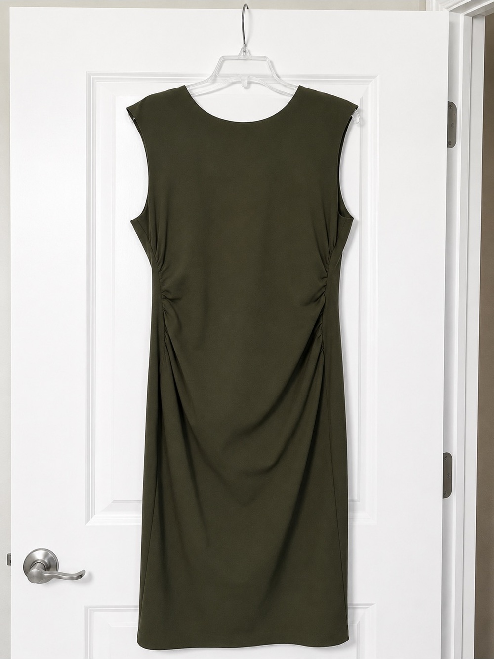Alex Marie Olive Green Sleeveless Sheath Dress with Side Ruching
